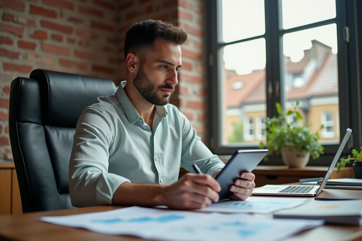 Jeune analyste financier travaillant seul à son bureau à domicile