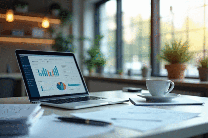 Espace de travail moderne avec ordinateur et logiciel de comptabilite