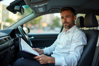 Conducteur de taxi homme en uniforme dans la voiture
