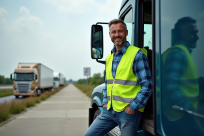 Conducteur de camion d'âge moyen souriant dehors