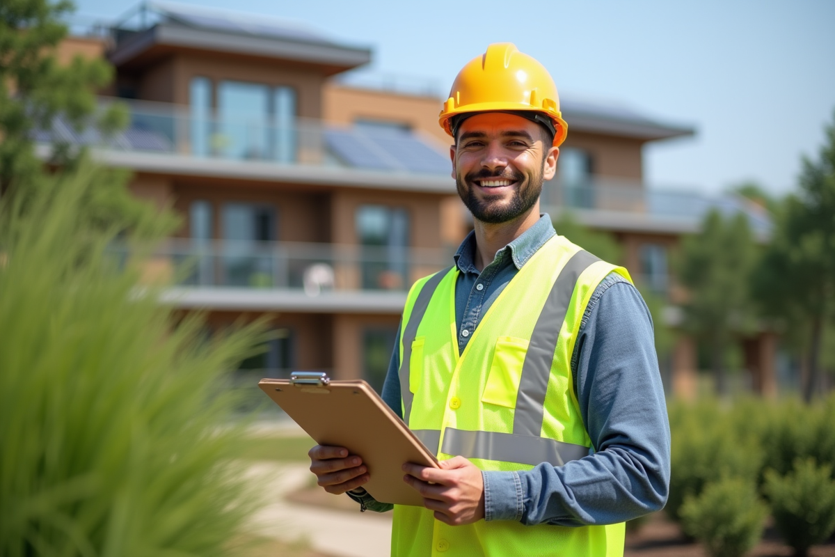 Chef de chantier avec casque et gilet vert devant un bâtiment écologique en plein jour