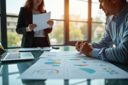 Deux collègues professionnels discutant de rapports environnementaux dans un bureau lumineux