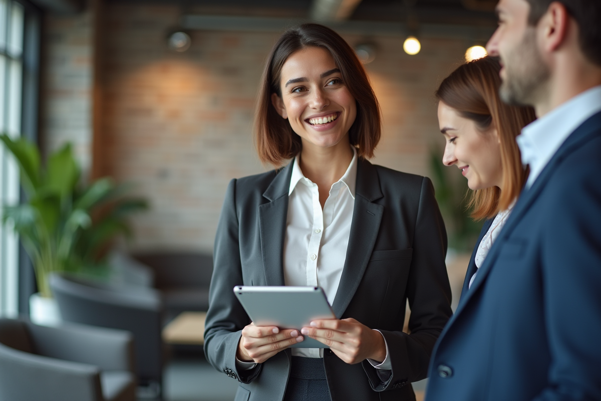 Jeune femme en coworking avec tablette et collègues