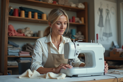 Couturiere femme concentrée à la machine à coudre dans son atelier