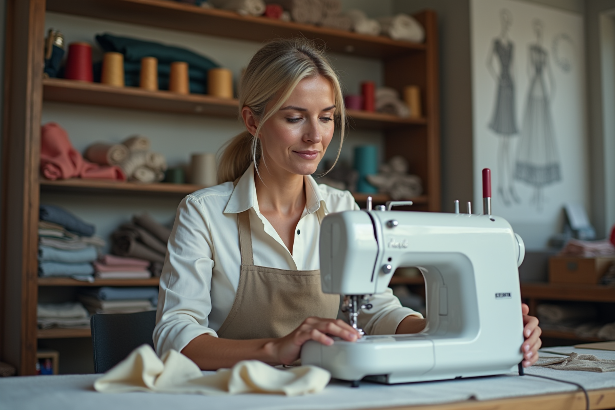 Couturiere femme concentrée à la machine à coudre dans son atelier