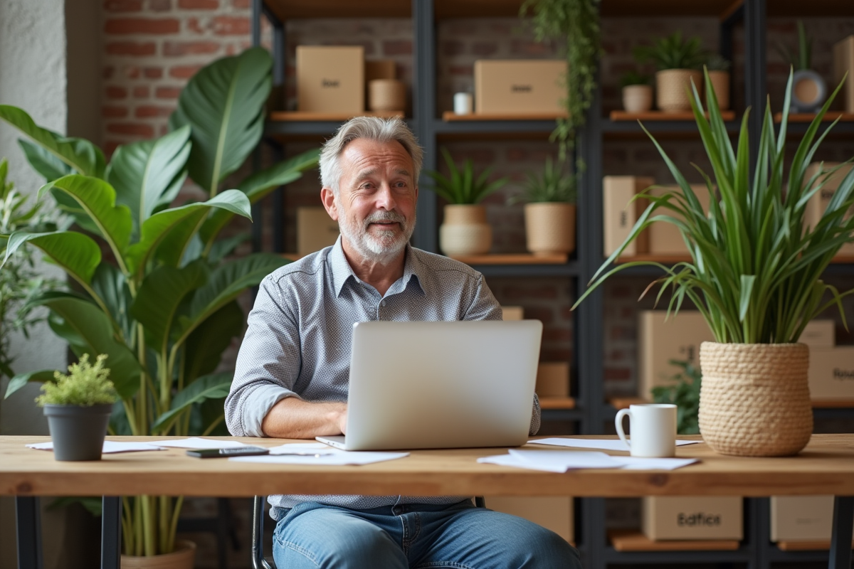 Homme dans un bureau écologique avec produits recyclés