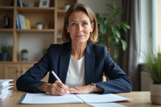 Femme d'âge moyen remplissant un formulaire dans un appartement parisien