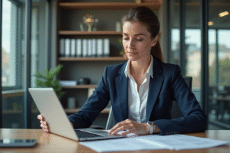 Femme d affaires en costume navy dans un bureau moderne
