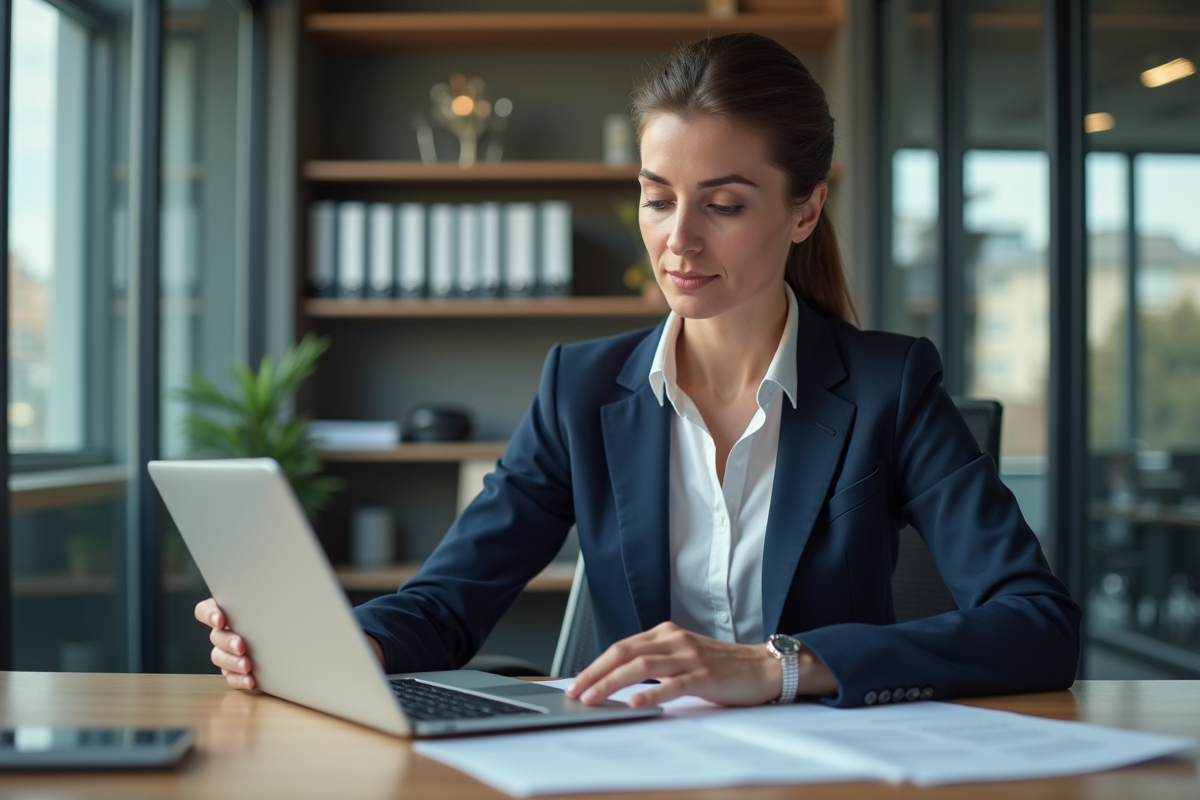 Femme d affaires en costume navy dans un bureau moderne