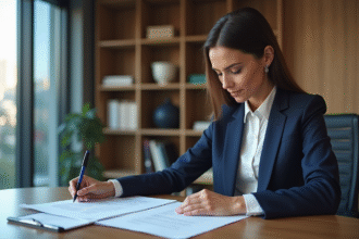 Femme d'affaires en costume bleu lors d'une réunion