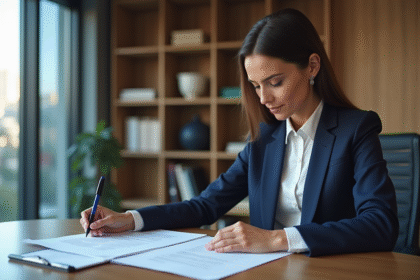 Femme d'affaires en costume bleu lors d'une réunion
