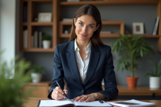 Femme d'affaires confiante en tailleur navy au bureau