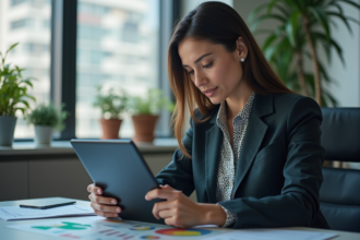 Femme d'affaires regardant des graphiques sur une tablette