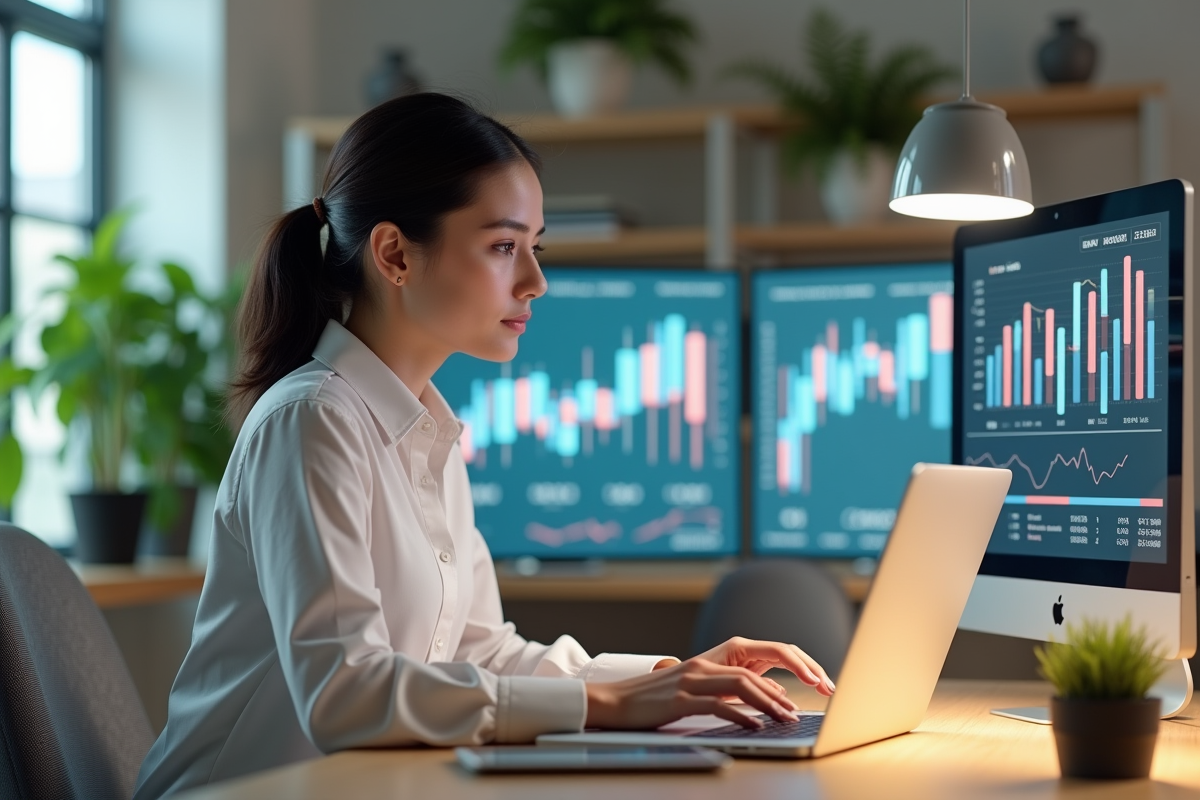Femme en tenue professionnelle analysant des tableaux de ventes ecommerce