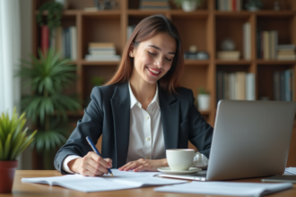 Jeune femme en bureau à domicile avec documents et ordinateur