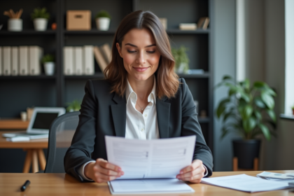 Femme professionnelle lisant un document dans un bureau moderne
