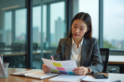 Jeune femme en bureau lisant un flyer coloré