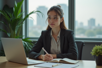 Jeune femme au bureau réfléchissant à ses objectifs futurs