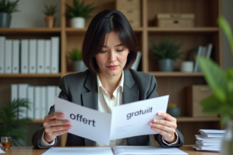 Femme en bureau moderne compare brochure offre et gratuit