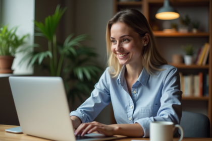Jeune femme au bureau à domicile vérifiant ses statistiques en ligne