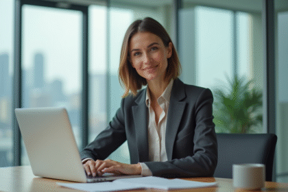 Femme confiante en bureau moderne avec ordinateur