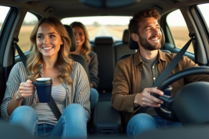 Femme souriante en covoiturage avec amis dans voiture