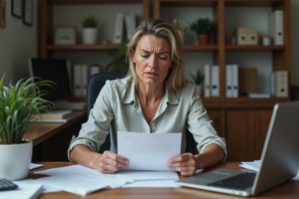 Femme inquiète dans son bureau à domicile avec lettre surprise
