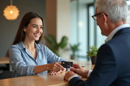 Jeune femme souriante remet une carte de fidélité au client
