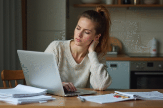 Femme stressée massant son cou devant son ordinateur