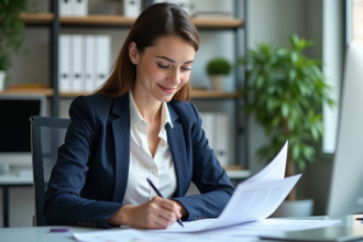 Femme professionnelle examinant des documents de conformité