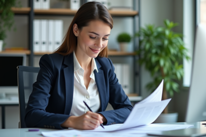 Femme professionnelle examinant des documents de conformité