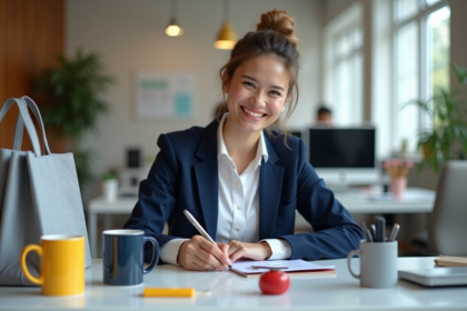 Jeune femme d'affaires examine des objets promotionnels colorés