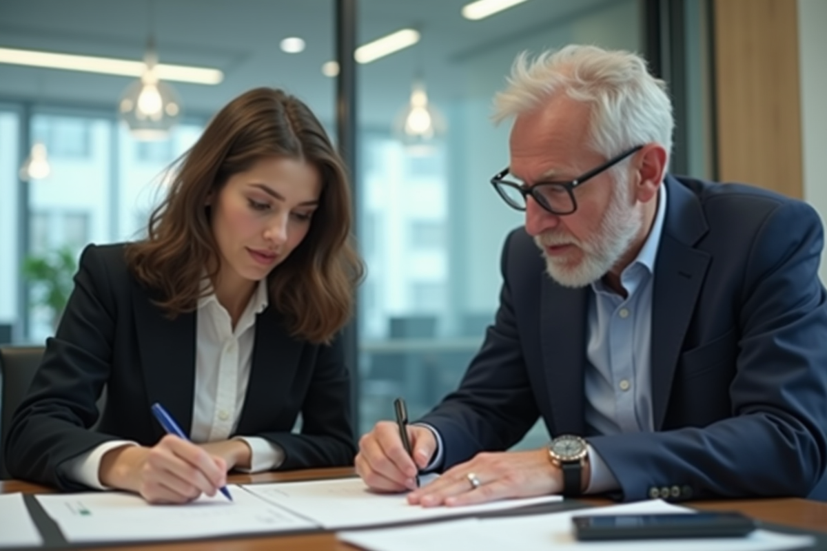 Jeune femme signant un document dans un bureau moderne