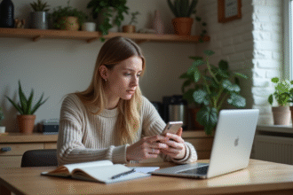 Femme réfléchie vérifiant son smartphone dans la cuisine