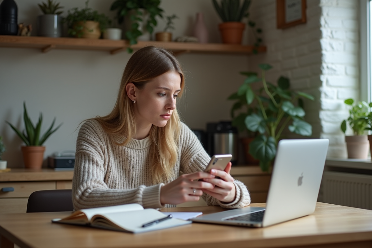 Femme réfléchie vérifiant son smartphone dans la cuisine