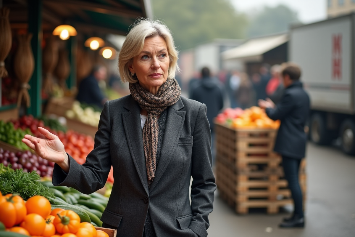 Femme directrice discutant avec vendeurs à Rungis