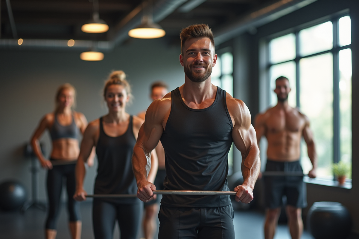 Groupe de fitness motivé par un jeune propriétaire dynamique