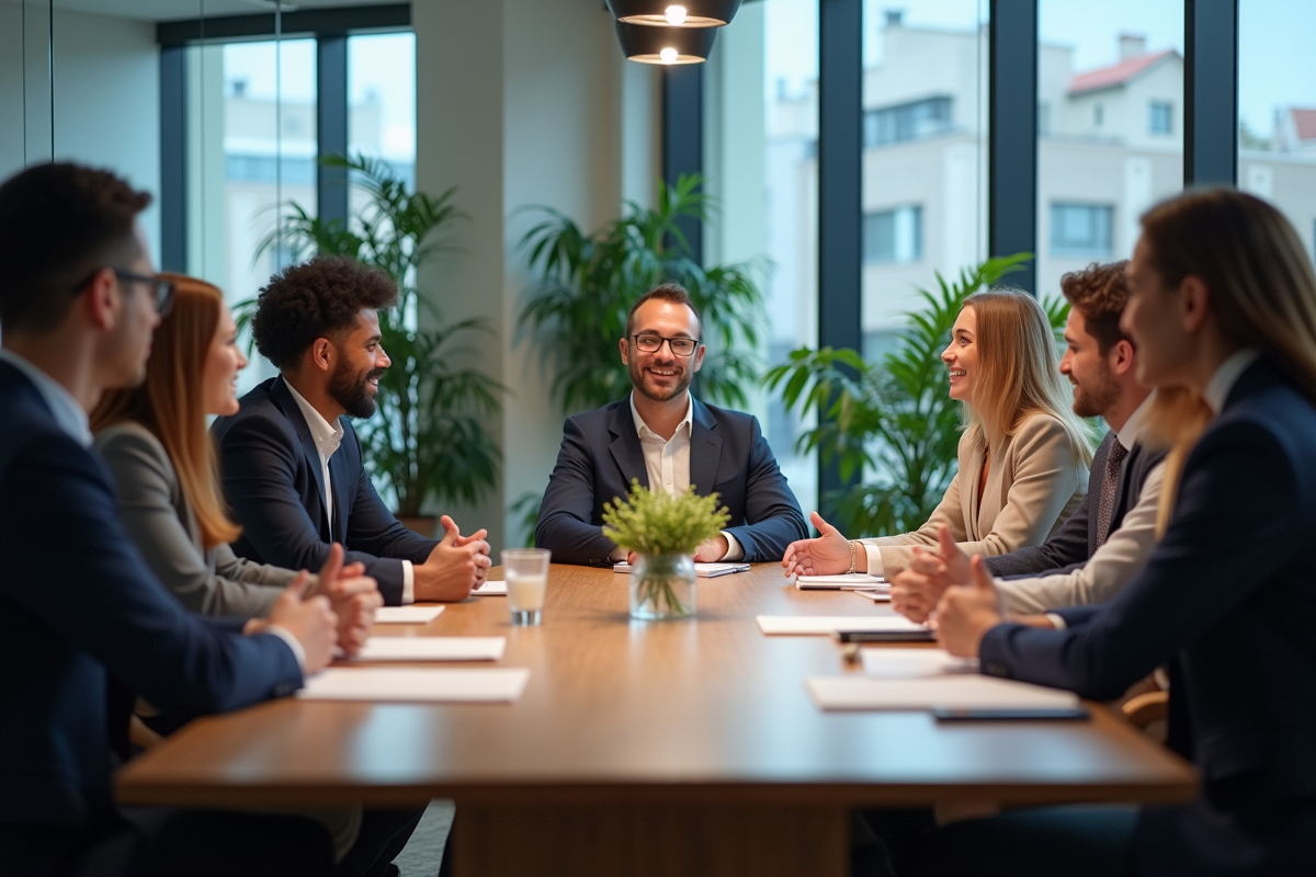 Groupe de professionnels en réunion dans un bureau moderne