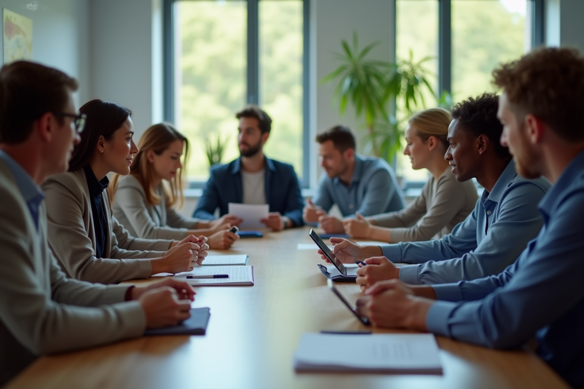 Groupe diversifié en atelier collaboratif avec documents et tablettes