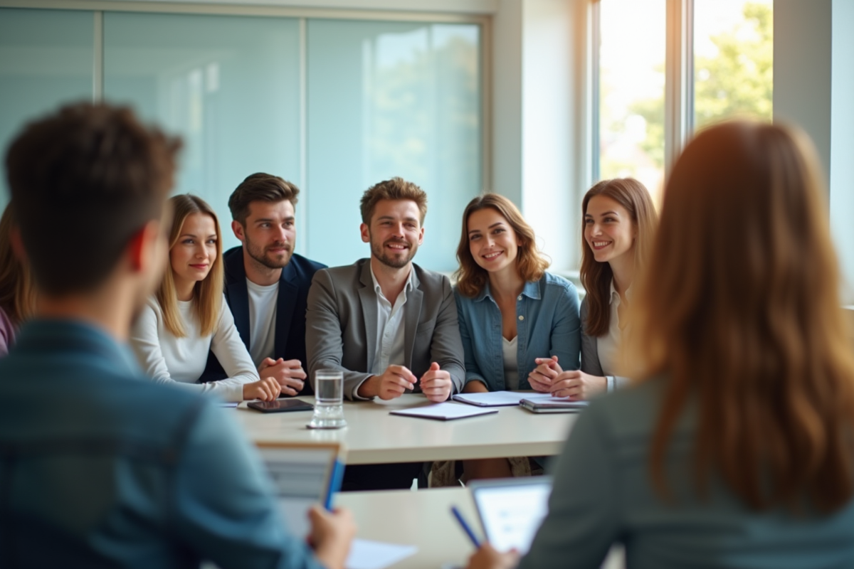 Jeunes adultes en formation dans une salle lumineuse