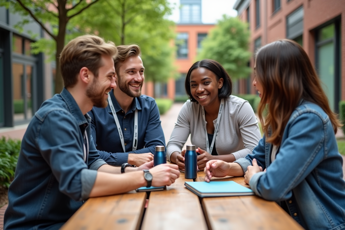 Groupe de jeunes adultes échangeant des produits promotionnels en extérieur