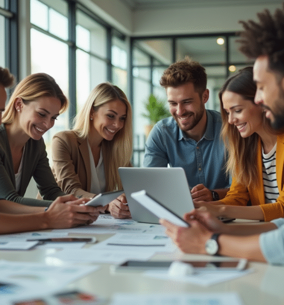 Groupe de jeunes professionnels collaborant en bureau lumineux