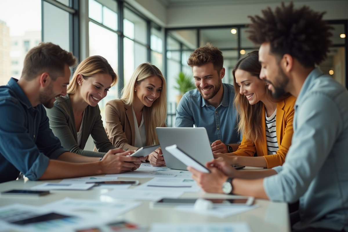 Groupe de jeunes professionnels collaborant en bureau lumineux