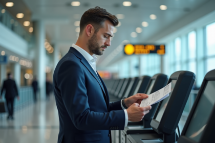 Homme d'affaires vérifiant son billet à l'aéroport