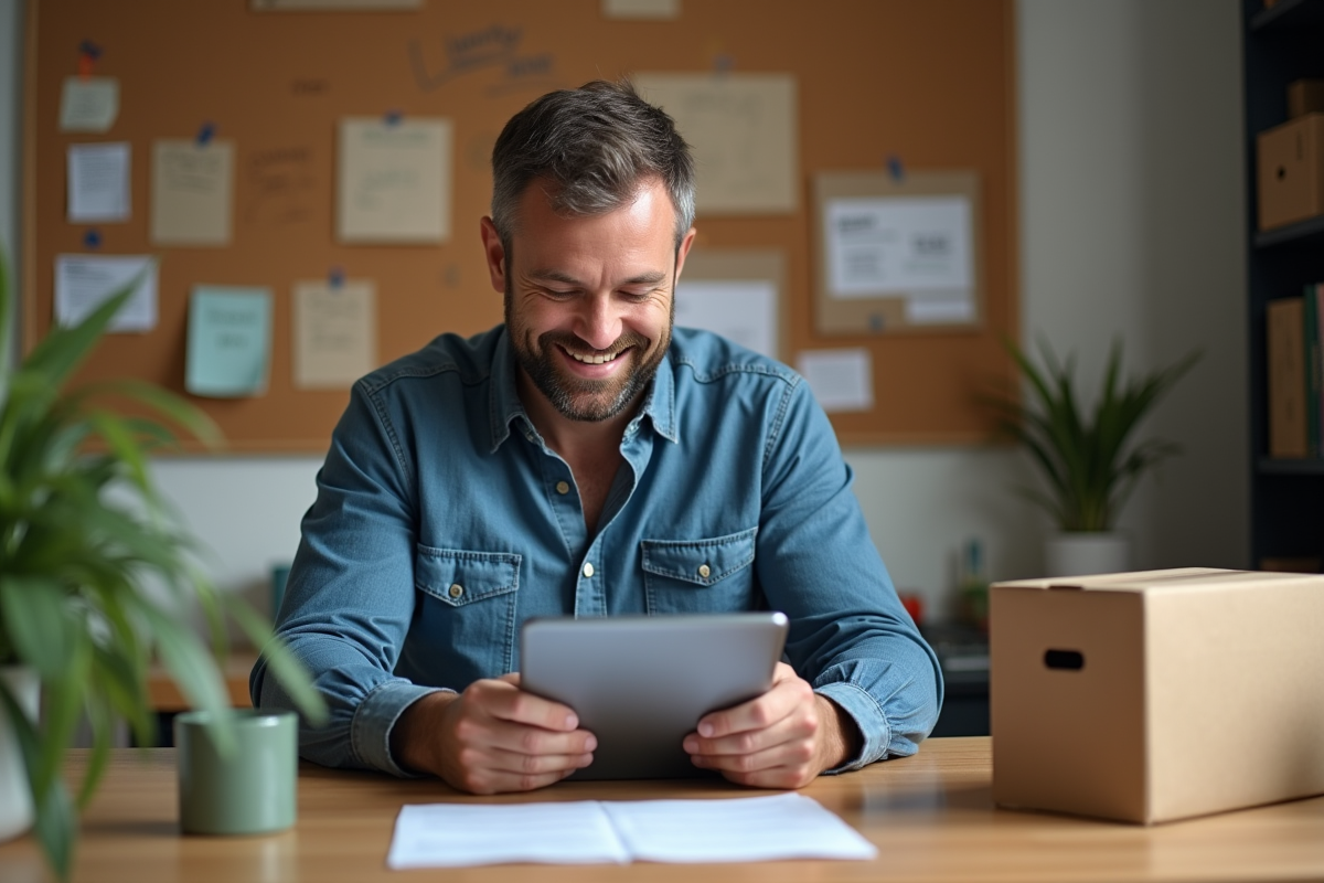 Homme souriant vérifiant des analyses de produits dans un espace de travail