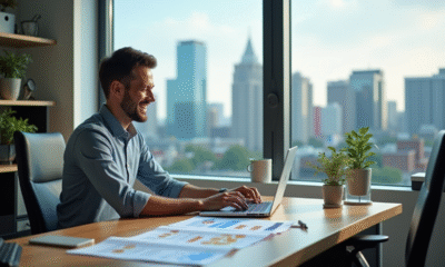 Homme souriant dans un bureau moderne avec crypto et documents
