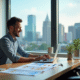 Homme souriant dans un bureau moderne avec crypto et documents