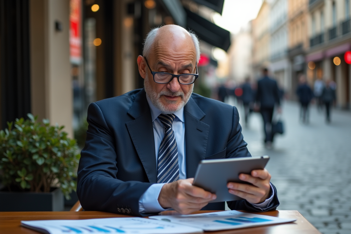 Homme d age moyen analysant des graphiques en extérieur