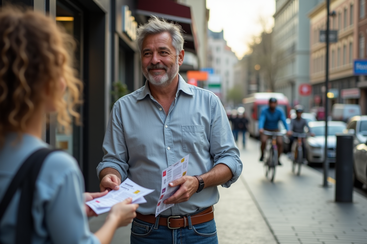 Homme distribuant des flyers dans la rue urbaine