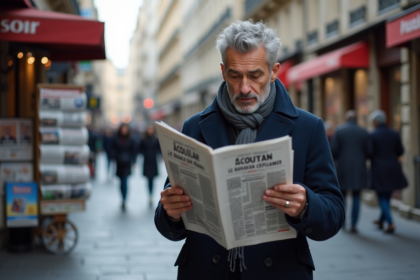 Homme d'âge moyen lisant un journal à Paris